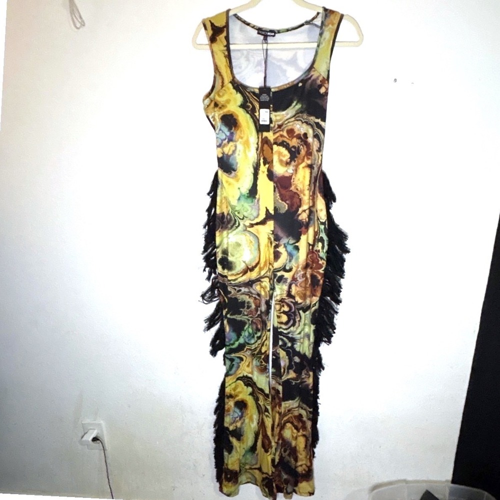 Fashion Nova All At Once Jumpsuit Large Black Multi Marble Fringe Festival Rave